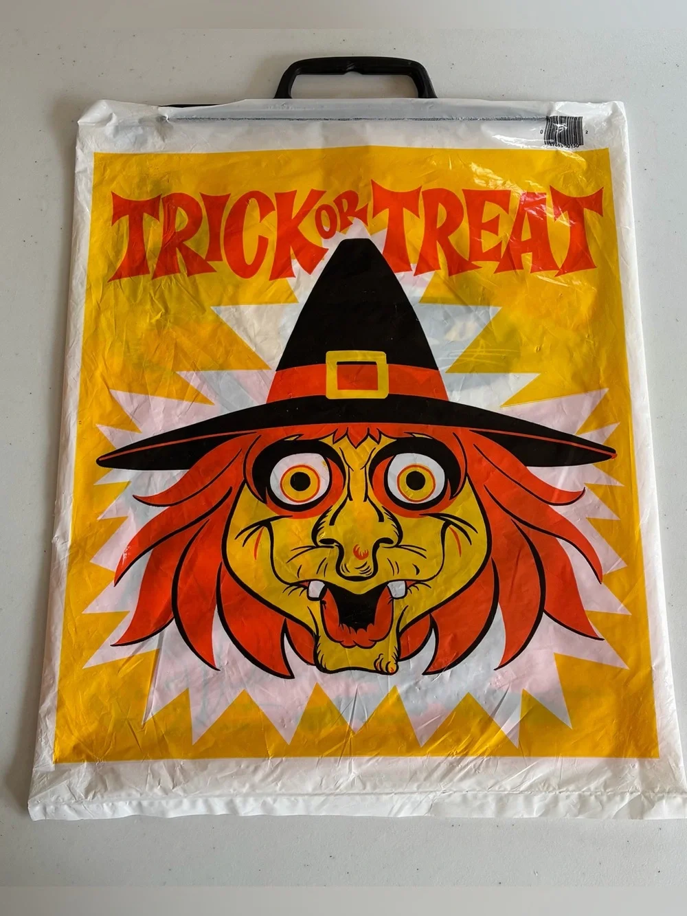 Vtg Halloween 2 Sided Black Cat Plastic Trick Or Treat Bag Witch Decoration Snap